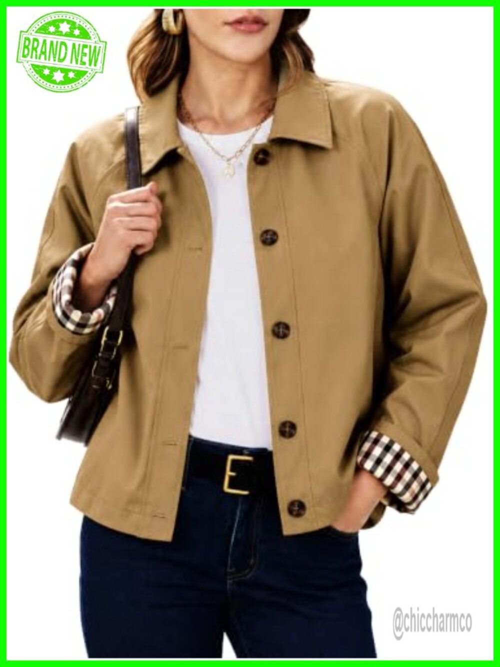 Oversize Trench Coat Cropped Plaid Lining Button Pockets